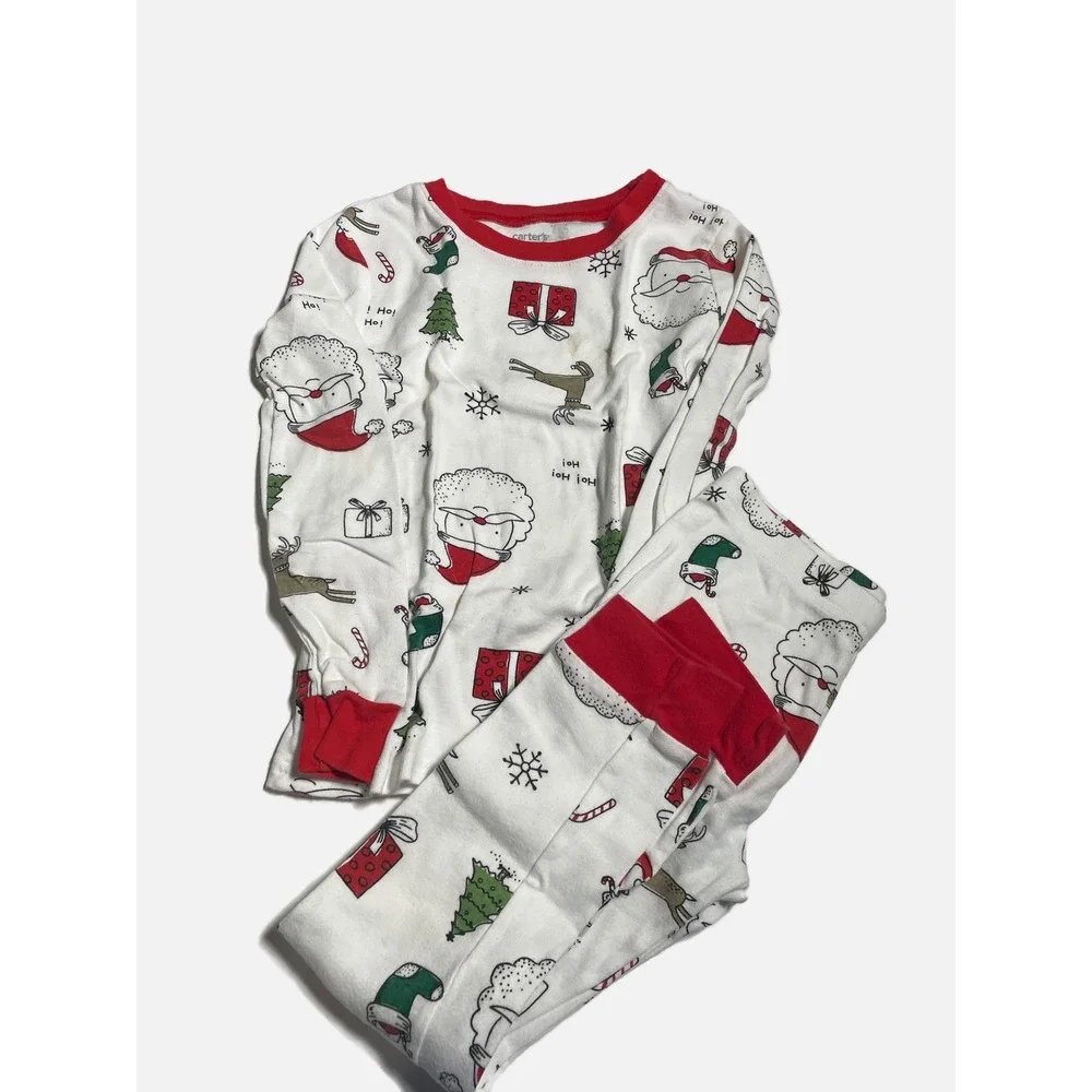 Carter's Pajama Set Kids 6 White Santa Reindeer Christmas Holiday Sleepwear